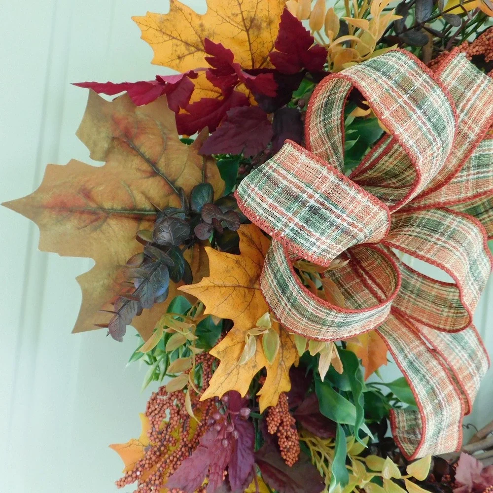 Autumn Crescent Wreath with Plaid Bow, Orange Maple Leaves, Vibrant colors